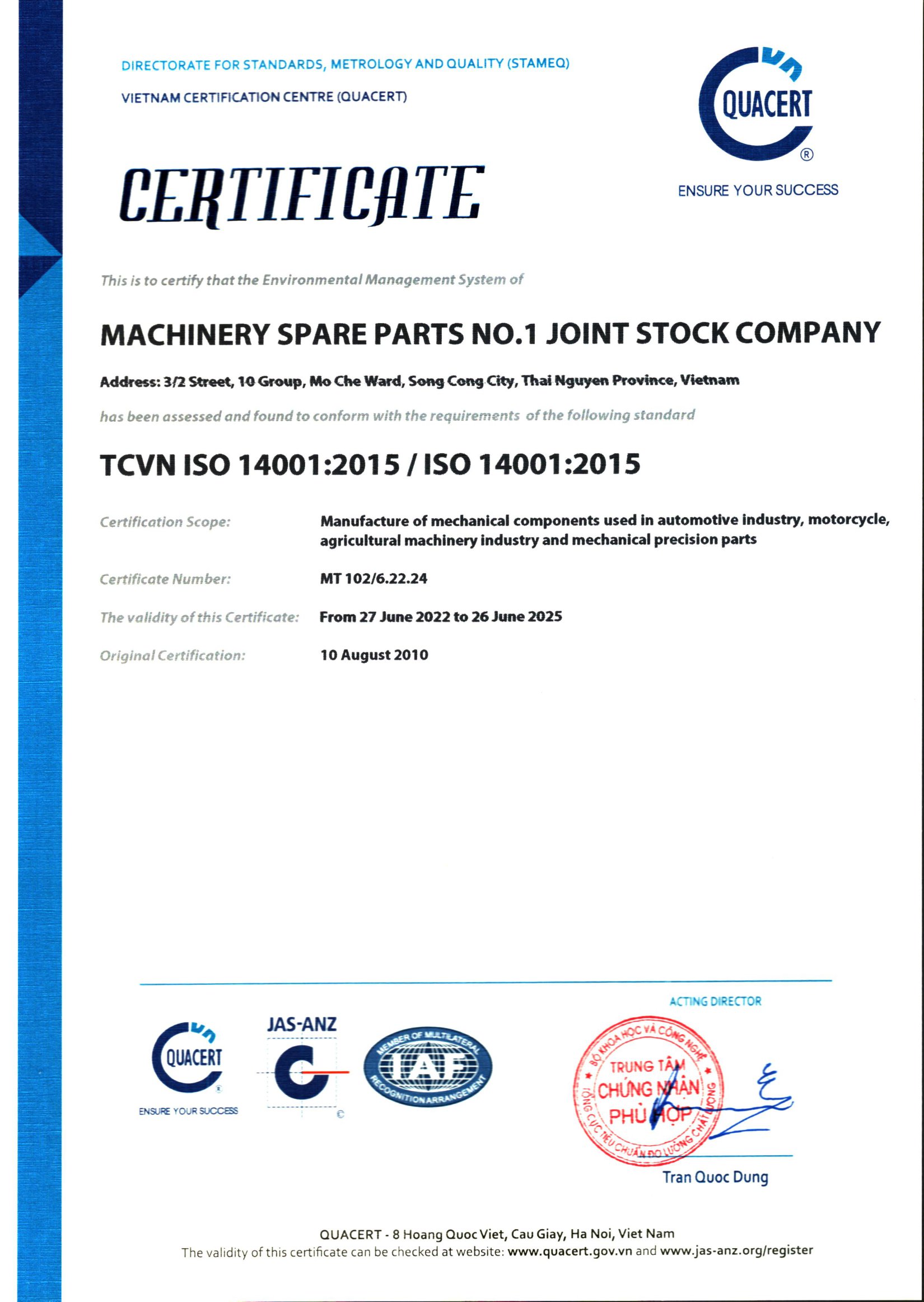 ISO 14001 - Công ty cổ phần phụ tùng máy số 1